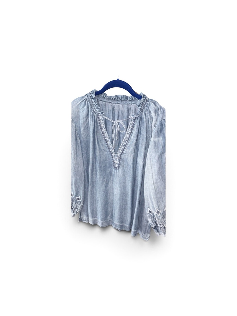 Washed Light Blue Embroidered Peasant Blouse - Women